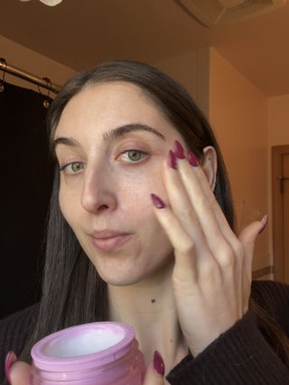 Marisa applying Glow Recipe Plum Plump Hyaluronic Acid Moisturizer