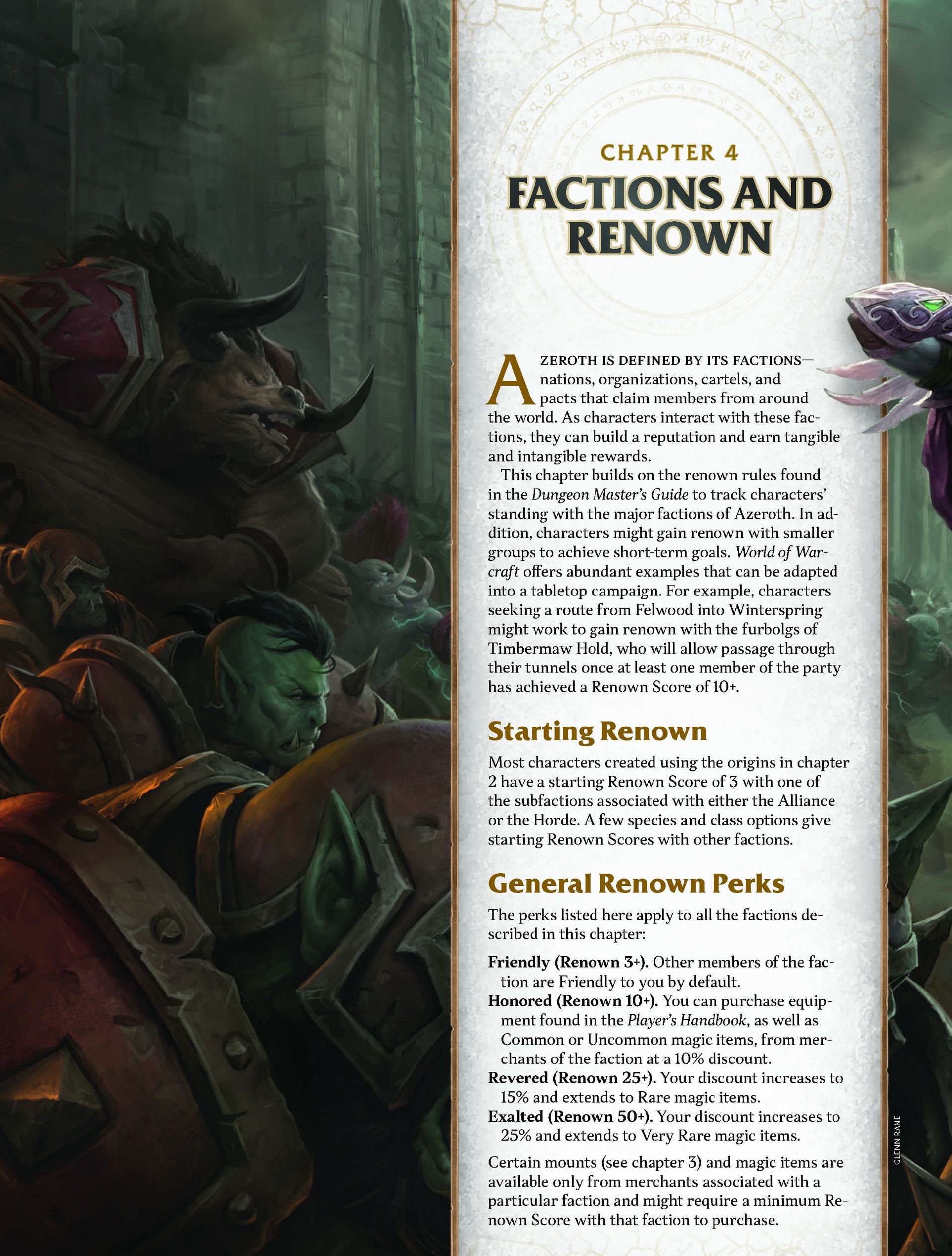 A page from Dungeons & Dragons: World of Warcraft. The start of the Factions and Renown chapter with horde characters on the left side of the text.