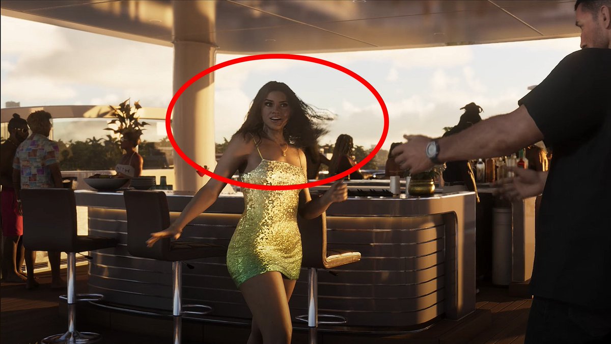 A red circle surrounds the detail of a woman&#039;s face and hair from the GTA 6 trailer
