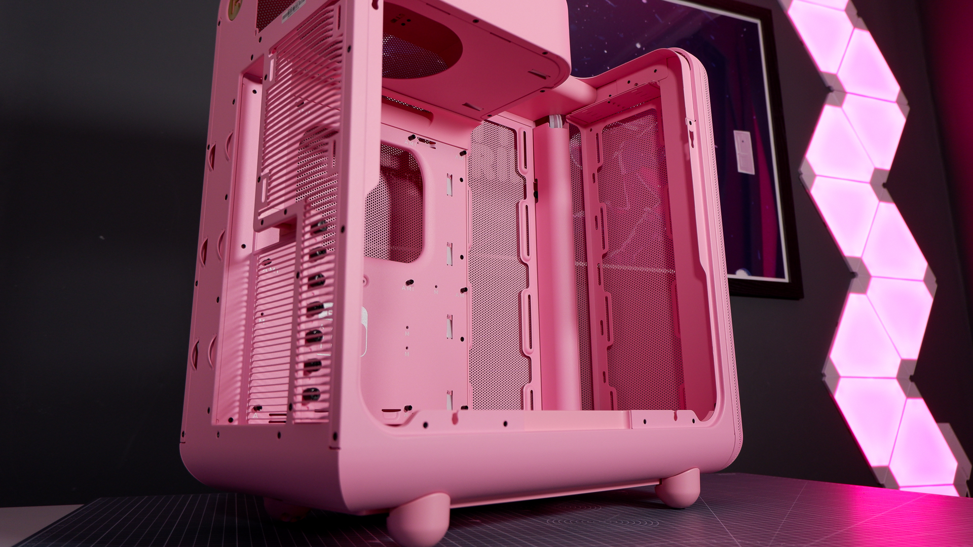 The Hyte X50 PC case on a desk ready to be built into for testing and review.
