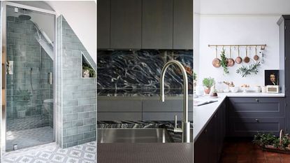 Walk-in shower with grey tiles under eaves / Close up of black and white marbled worktop with metal sink and mixer tap and dark grey kitchen cabinets. / traditional-style kitchen with christmas decorations and copper pans hanging up