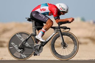 Lotto-DSTNY's Belgian cyclist Thomas De Gendt rides during the second stage of the 6th UAE Cycling Tour from al-Hudayriyat Island to al-Hudayriyat Island on February 20, 2024. (Photo by Giuseppe CACACE / AFP)