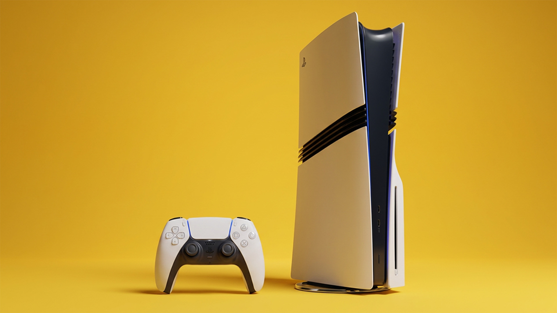 PlayStation 5 with DualSense controller on gold backdrop