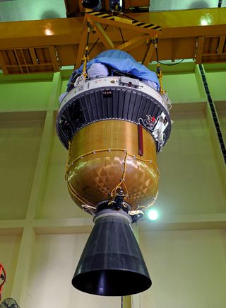 Engineers prepare a rocket engine for India's 100th Polar Satellite Launch Vehicle mission, which launched two satellites into orbit on Sept. 9, 2012, from Satish Dhawan Space Center.