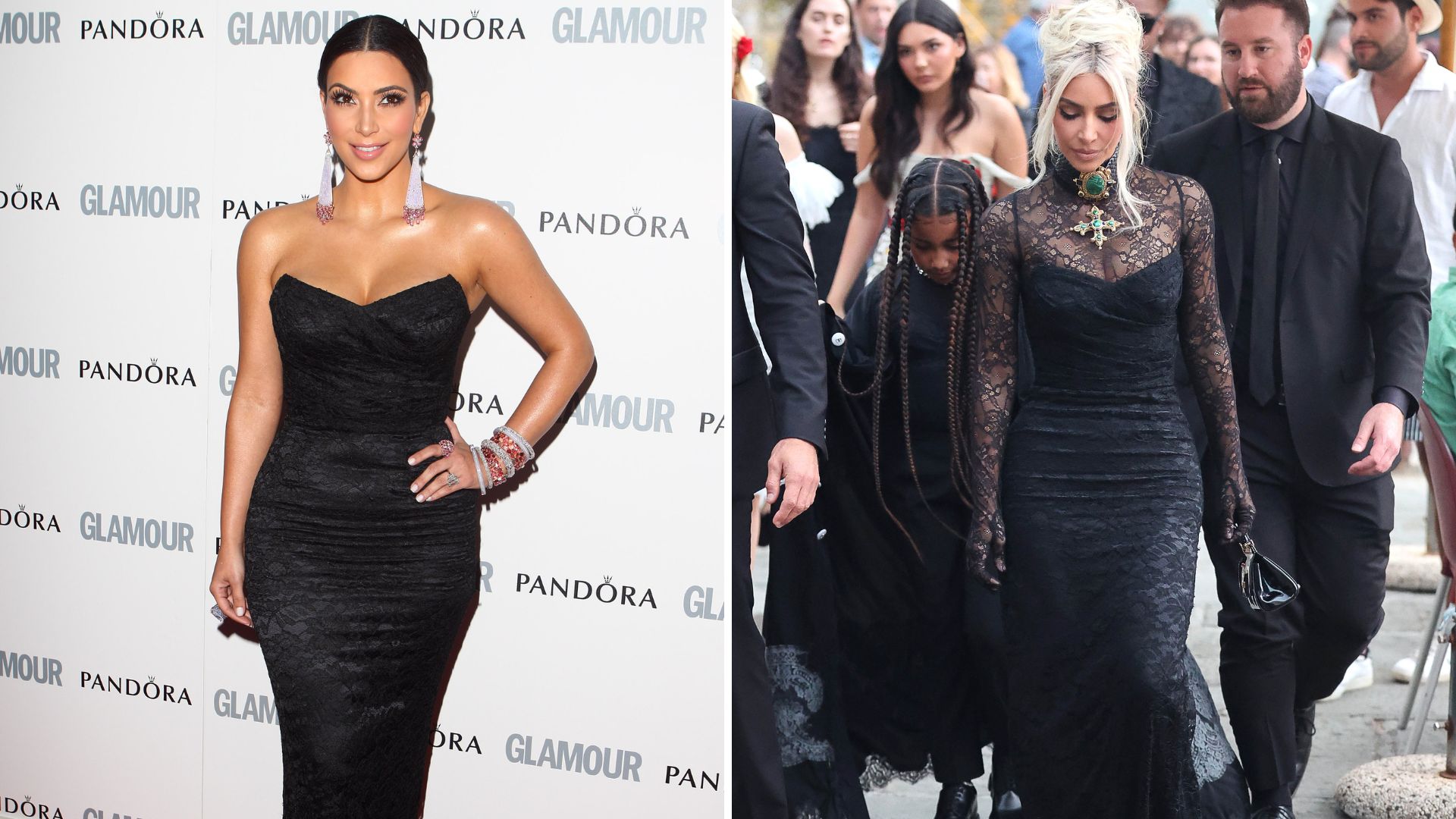 L-Kim Kardashian in a black dress in 2011, R-Kim Kardashian wearing a black dress and lacy top