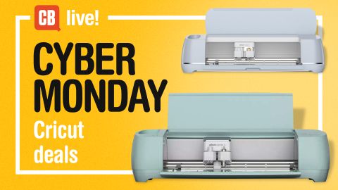 Cricut Cyber Monday promo image for a deals live blog with images of Cricut craft machines on a yellow background