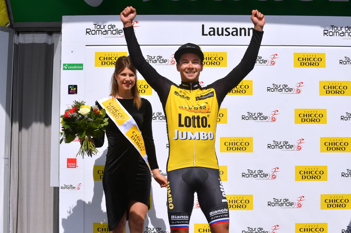 Primoz Roglic (LottoNL-Jumbo) on the podium having taken out the time trial