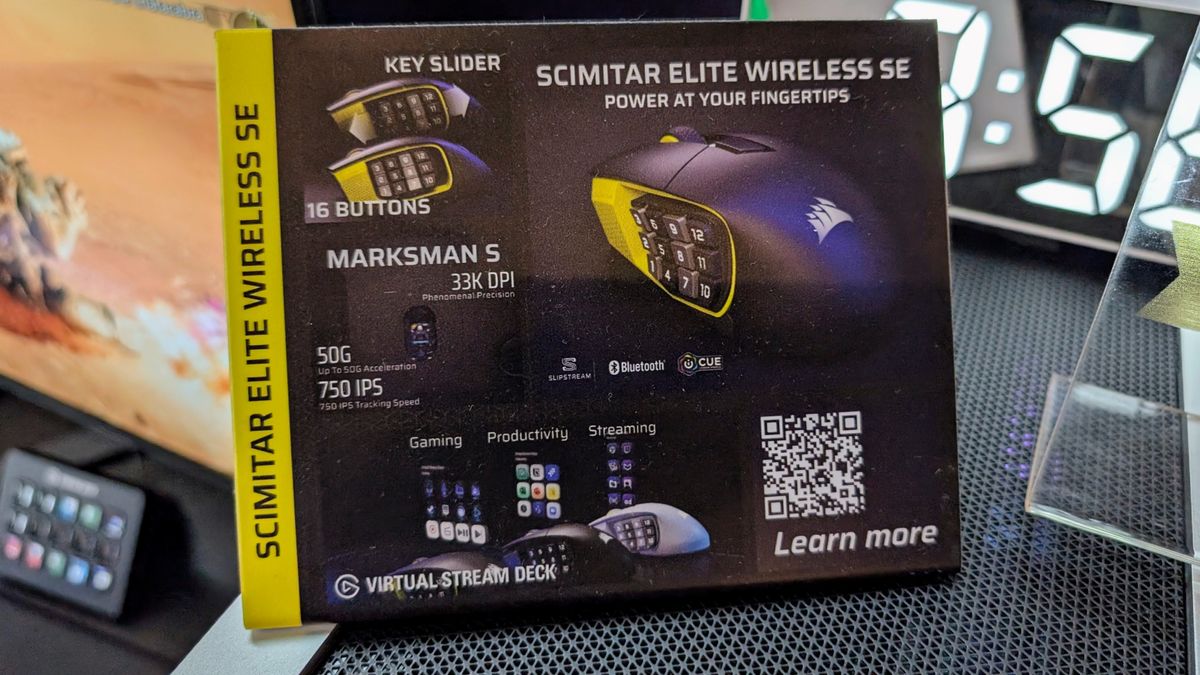 Scimitar Elite Wireless SE mouse specs display at Computex 2025