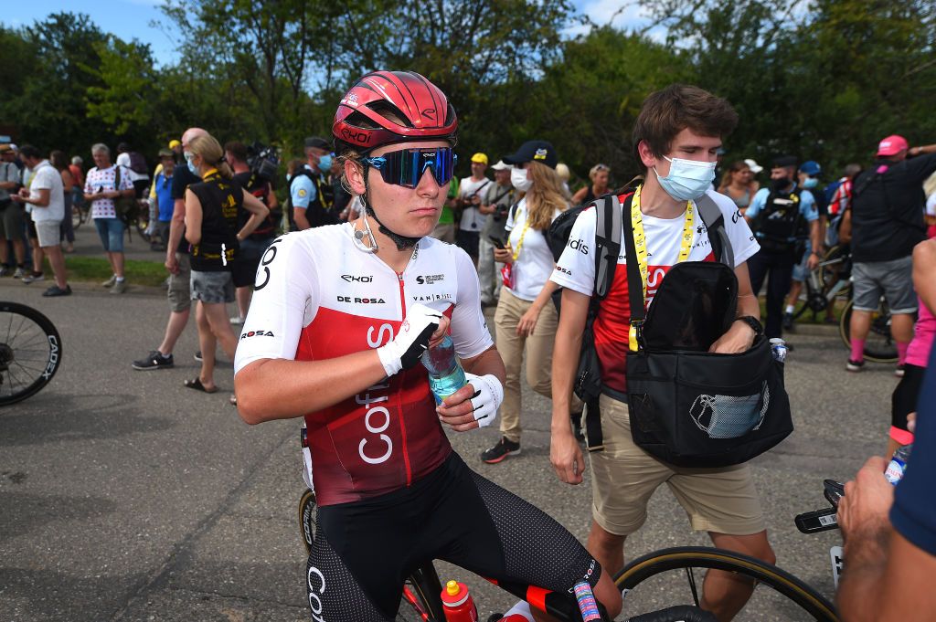 ROSHEIM FRANCE JULY 29 Victoire Berteau of France and Team Cofidis Fminin reacts after the 1st Tour de France Femmes 2022 Stage 6 a 1286km stage from SaintDidesVosges to Rosheim TDFF UCIWWT on July 29 2022 in Rosheim France Photo by Dario BelingheriGetty Images