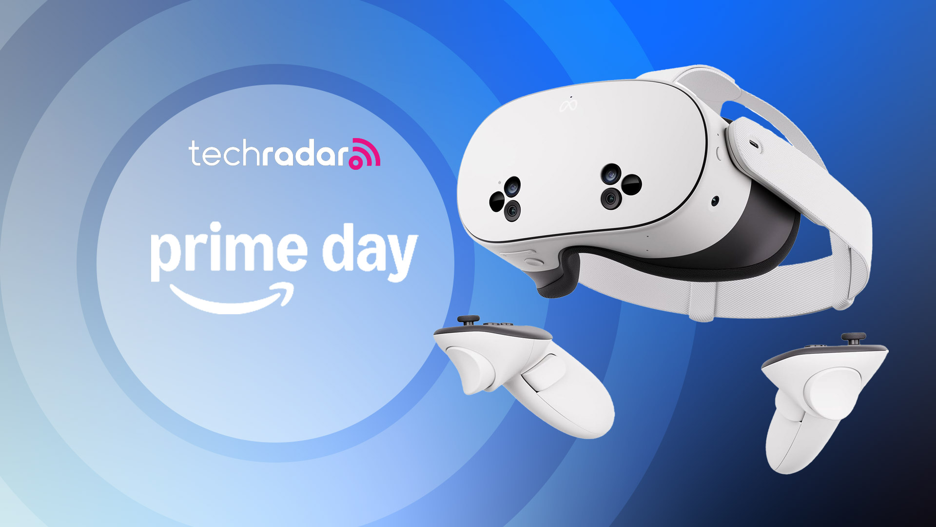 Meta Quest 3S VR headset on a blue background with "Prime Day" text in white.