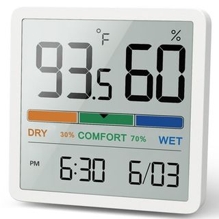 A white framed square digital hygrometer with large number display