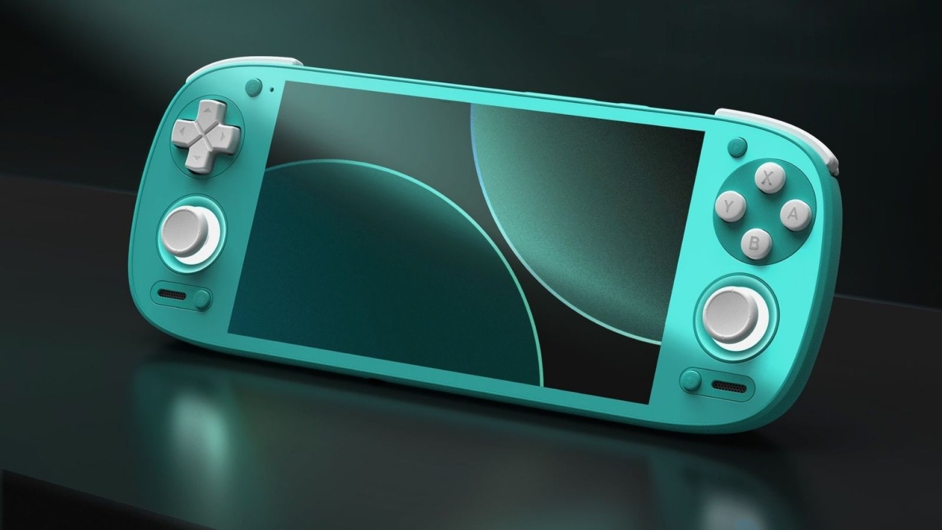 Turquoise Retroid Pocket G2 handheld on a black background