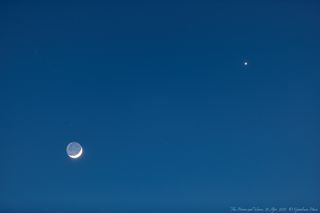 The bright "evening star" Venus shines near the crescent moon in this photo captured by astrophysicist Gianluca Masi of the Virtual Telescope Project. Venus and the moon made a close approach in the evening sky yesterday (April 26), and the planet will reach its greatest brightness of the year tomorrow (April 28).