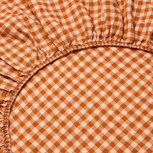 Piglet In Bed, Cinnamon &amp;amp; Peach Colour Drenched Gingham Linen Blend Fitted Sheet