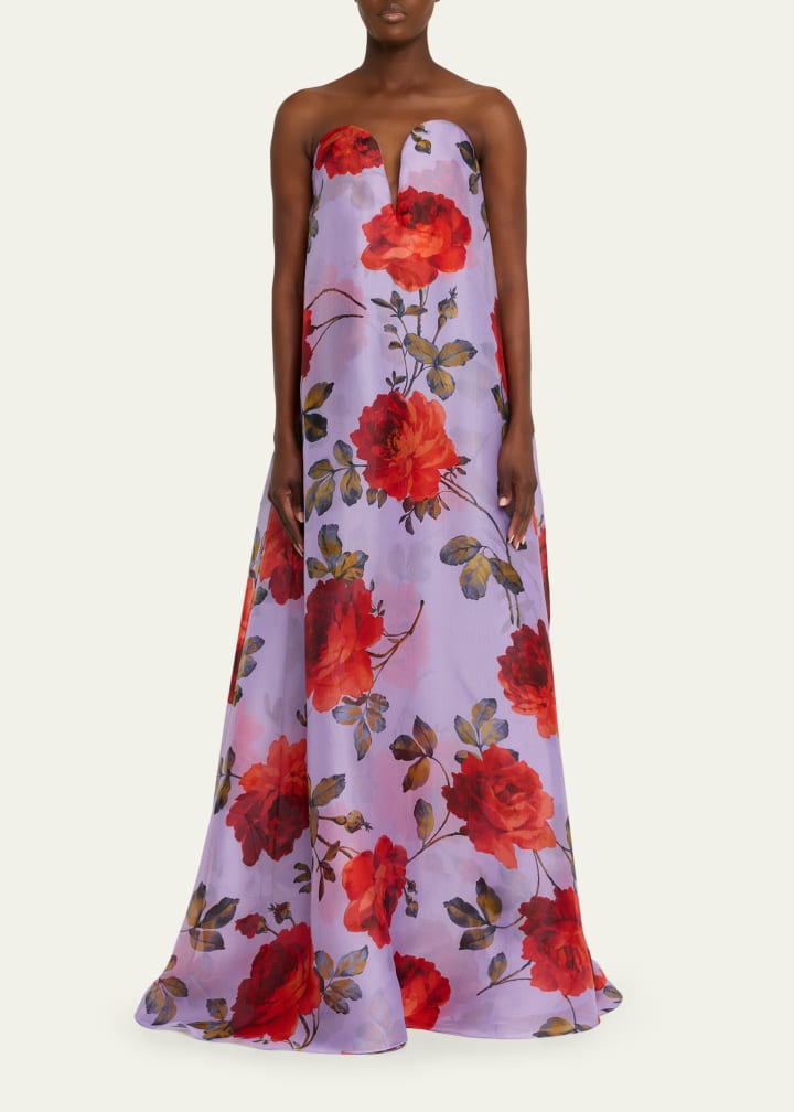 Plunging Strapless Rosette-Print Silk Chiffon Gown