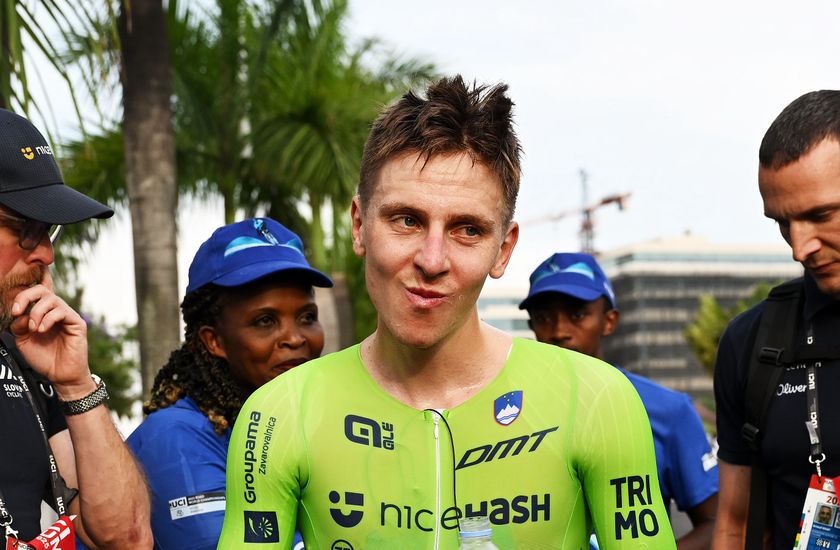 KIGALI, RWANDA - SEPTEMBER 21: Tadej Pogacar of Team Slovenia reacts after the 98th UCI Cycling World Championships Kigali 2025 - Men Elite Individual Time Trial a 40.6km race from Kigali to Kigali on September 21, 2025 in Kigali, Rwanda. (Photo by Dario Belingheri/Getty Images)