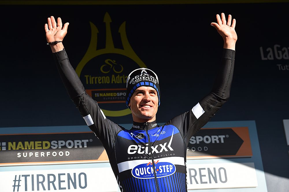 Zdenek &Scaron;tybar (Cze) Etixx - Quick-Step on the podium after stage 3 to collect another blue leader's jersey