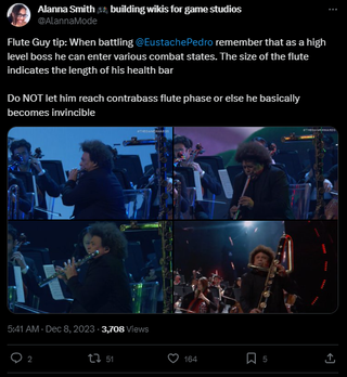 A post that reads: "Flute Guy tip: When battling @EustachePedro remember that as a high level boss he can enter various combat states. The size of the flute indicates the length of his health bar Do NOT let him reach contrabass flute phase or else he basically becomes invincible"