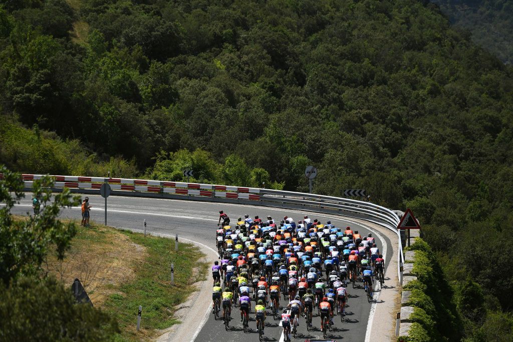 ESPINOSA DE LOS MONTEROS SPAIN JULY 30 Alto de La Mota 912m Peloton Landscape during the 42nd Vuelta a Burgos 2020 Stage 3 a 150km stage from Sargentes de la Lora to Espinosa de los Monteros Picn Blanco 1486m VueltaBurgos on July 30 2020 in Espinosa de Los Monteros Spain Photo by David RamosGetty Images