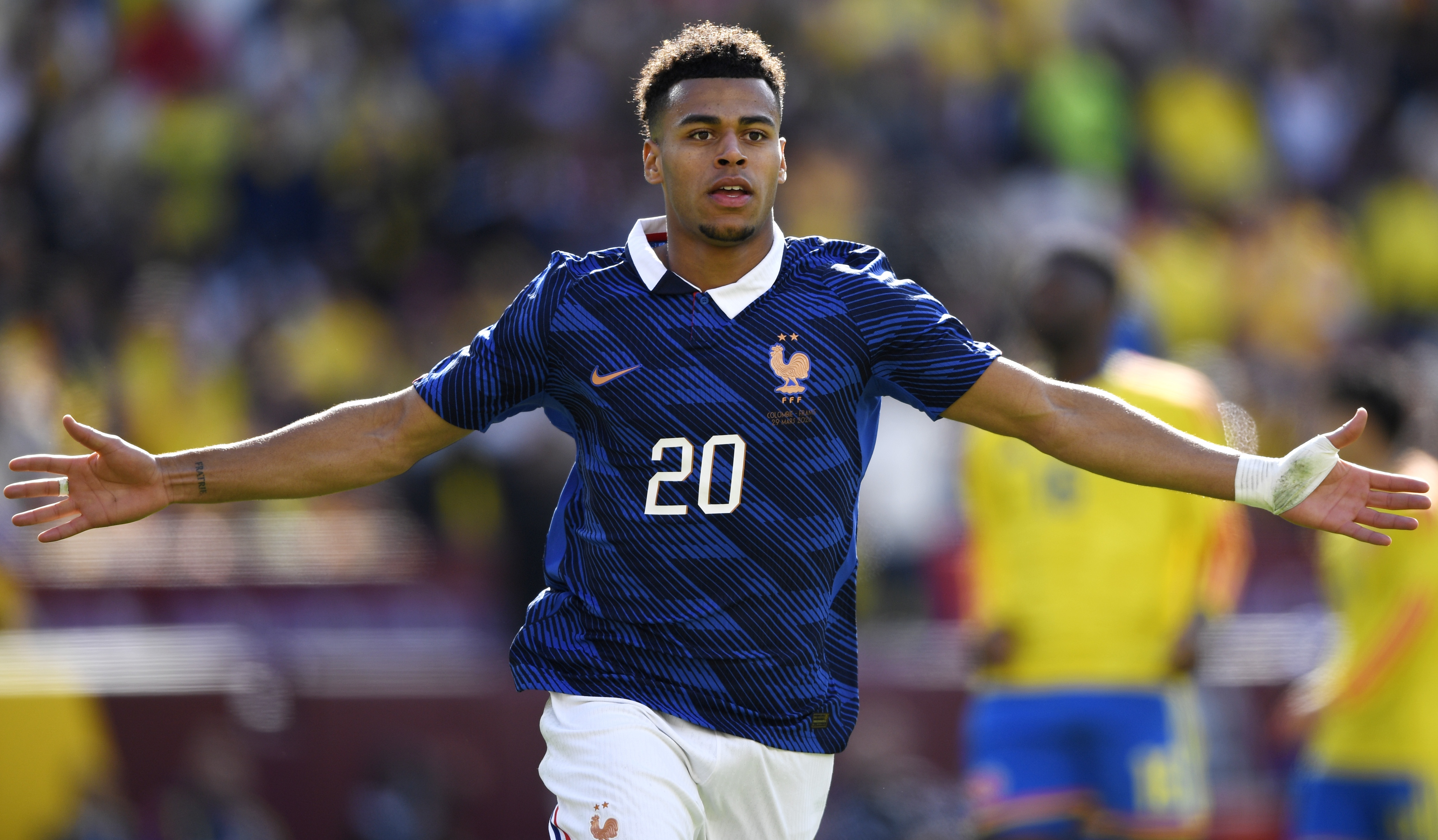 Desire Doue of France celebrates scoring his team's third goal during the international friendly match between Colombia and France at Northwest Stadium