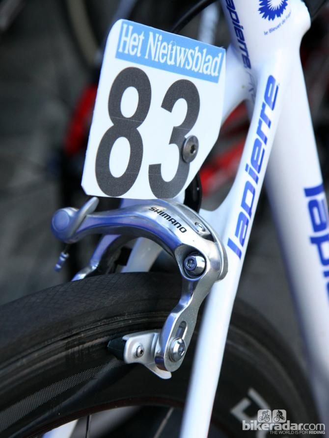 Long-reach brake calipers on FDJ.fr's new Lapierre Pulsium endurance bikes allow for Paris-Roubaix-friendly tire sizes