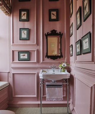 bathroom with pink walls and freestanding sink with art on walls