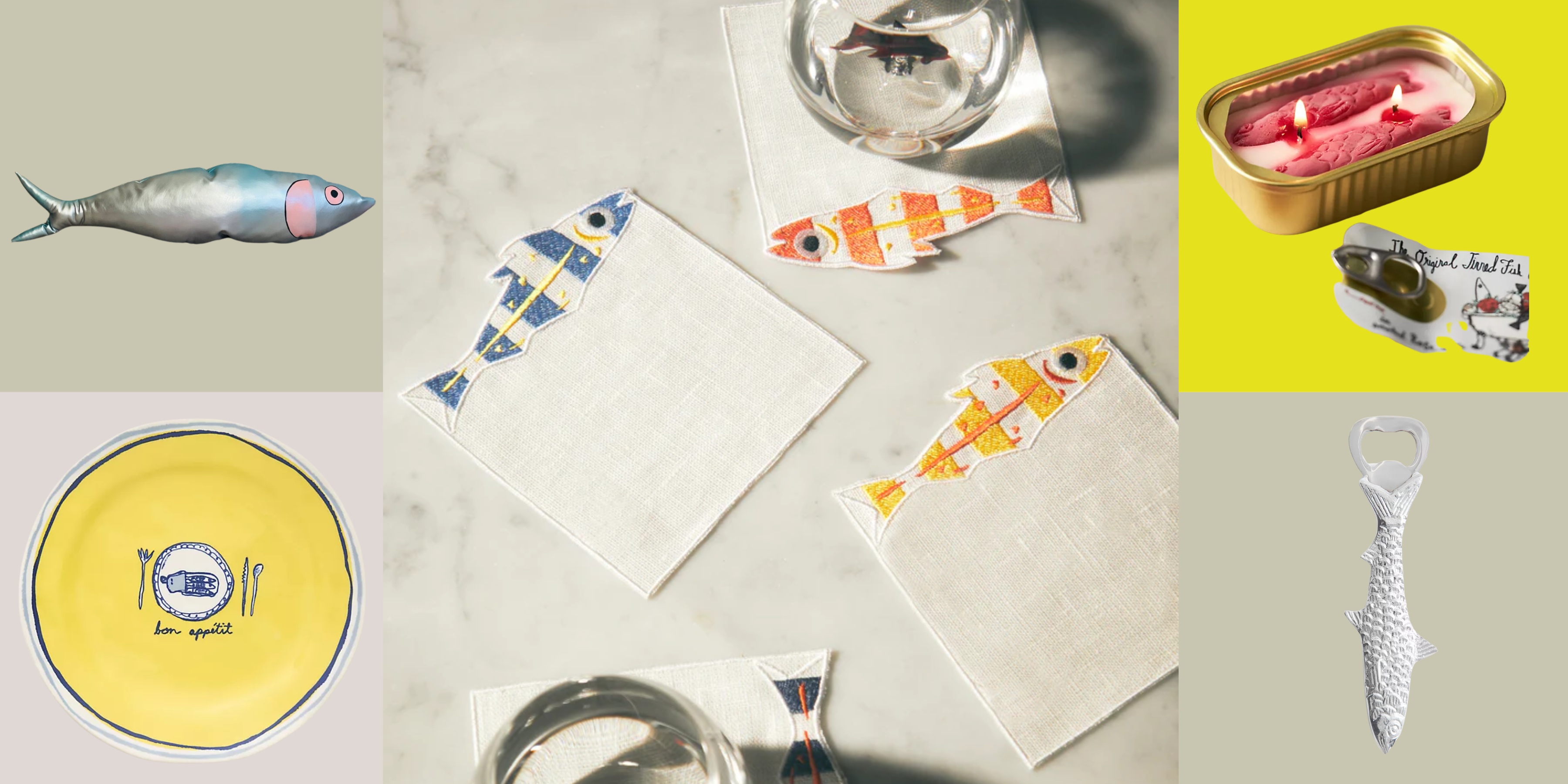 Sardine decor pictured against a colorful checkered background