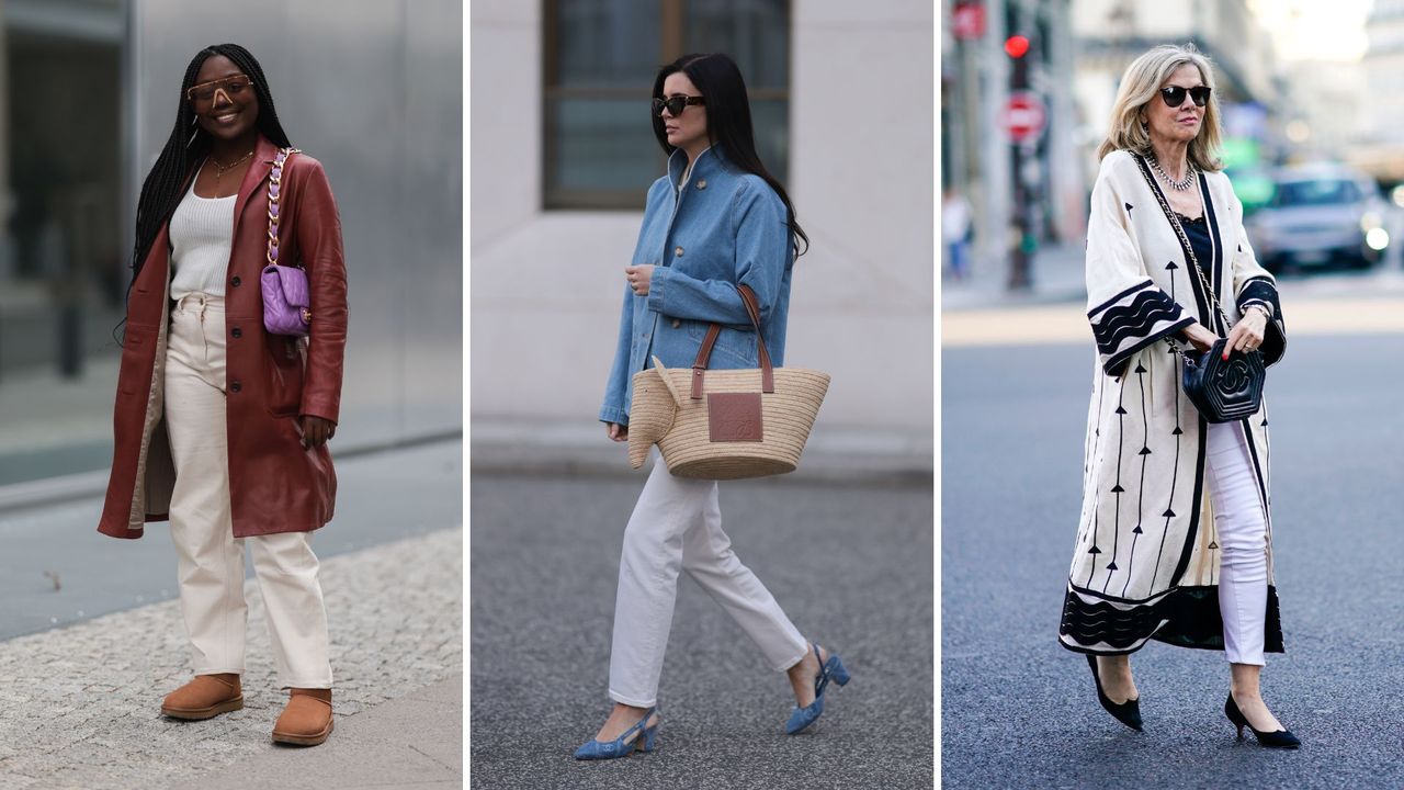 Three street style outfits of white jeans 