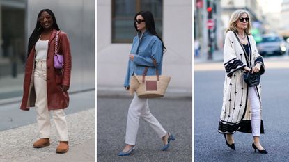 Three street style outfits of white jeans 