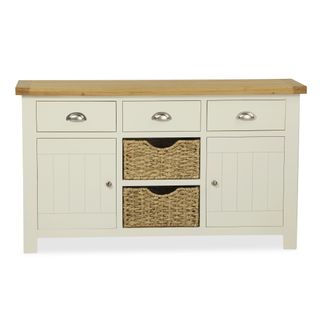 Hazelwood Home Two Door Three Drawer Sideboard, light cream colour with wooden top and two woven baskets