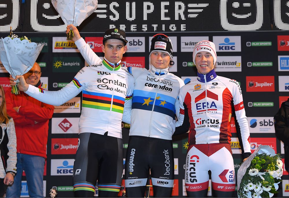 The elite men's podium at Superprestige Diegem