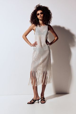 Crochet-Look Fringe-Trimmed Knitted Dress