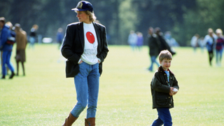 Prince William with his mother Diana, Princess of Wales at Guards Polo Club, The Princess is casually dressed in a sweatshirt with the British Lung Foundation logo on the front of her t-shirt