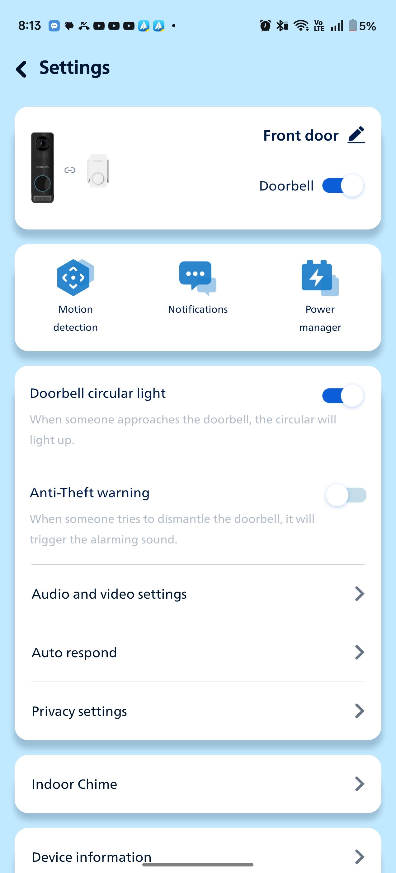 Screenshot of the Philips app showing features available for the Philips 7000 Series Video Doorbell.