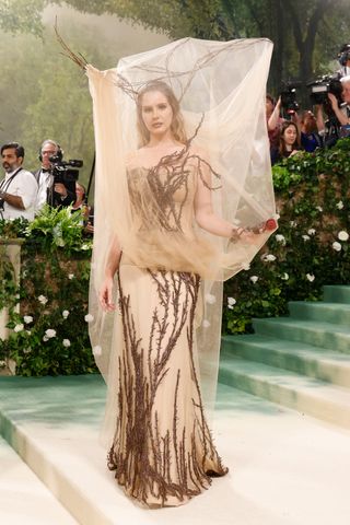 Lana del Rey at the 2024 Met Gala wearing a custom Alexander McQueen gown and tented headpiece