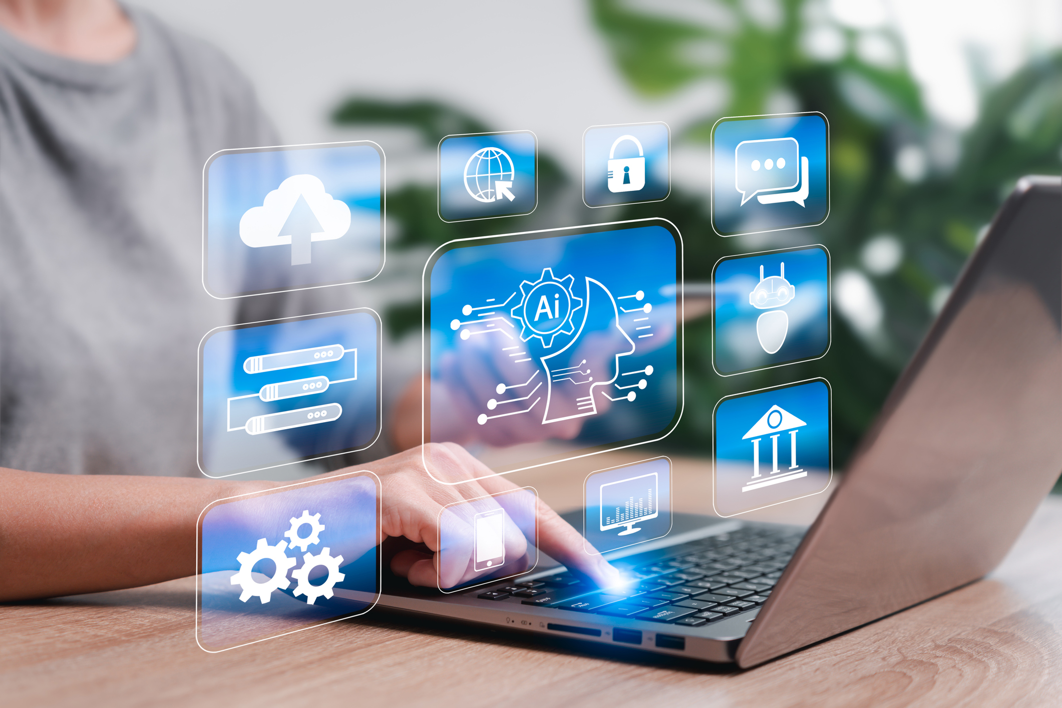 woman searching on laptop with different themes on small screens above the keyboard, including AI, gear wheels, robot and chat box