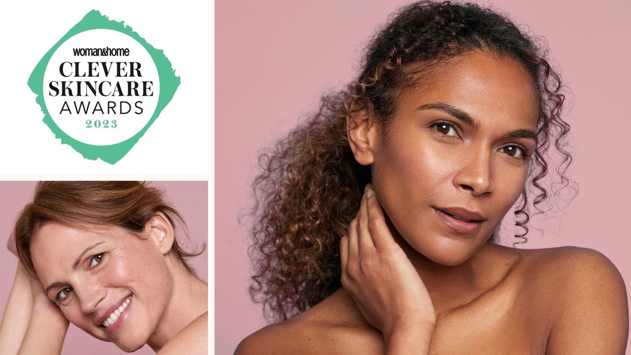 The 2023 clever skincare awards logo with two models with great skin