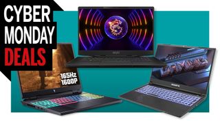 Gaming laptops on a coloured background with a Cyber Monday deals logo