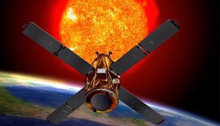 An artist's illustration of NASA's RHESSI satellite facing the sun.