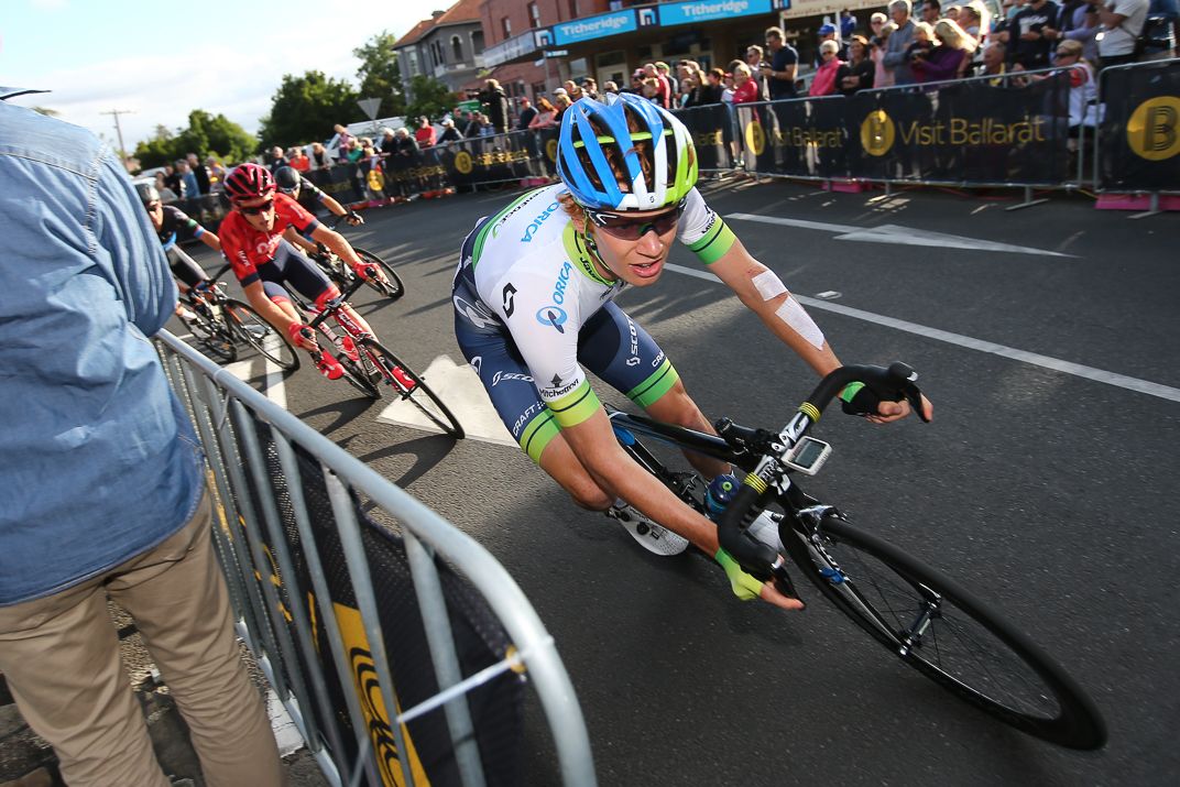 Jack Haig (Orica GreenEdge) lines the bunch out for Caleb Ewan