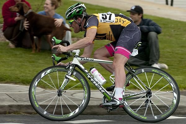 Tour leader Gordon McCauley (Hyster-Total Rush) leans into a bend after descending the climb on stage seven.