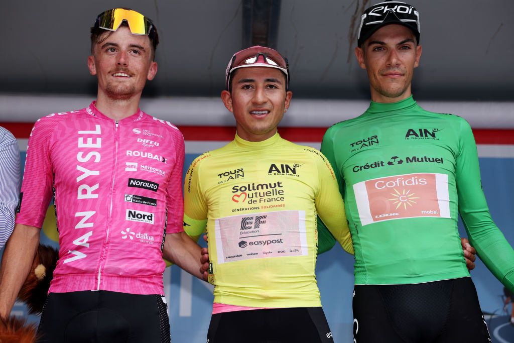 ILE CHAMBOD FRANCE JULY 15 LR Remi Capron of France of France and Team Van Rysel Roubaix stage winner Jefferson Alexander Cepeda of Ecuador and Team EF Education EasyPost Yellow leader jersey and Stefano Oldani of Italy and Team Cofidis Green points jersey celebrate at podium during the 36th Tour de lAin 2024 Stage 3 a 1531km stage from Lagnieu to Ile Chambod on July 15 2024 in Ile Chambod France Photo by Alex BroadwayGetty Images