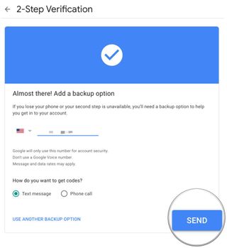 Set up Google account 2-factor authentication by showing steps: Input your phone number, then click Send