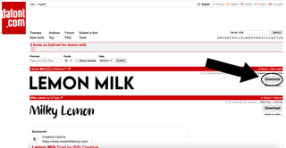 A screenshot of a font opened in DaFont, with an arrow and a circle highlighting the 'download' button.