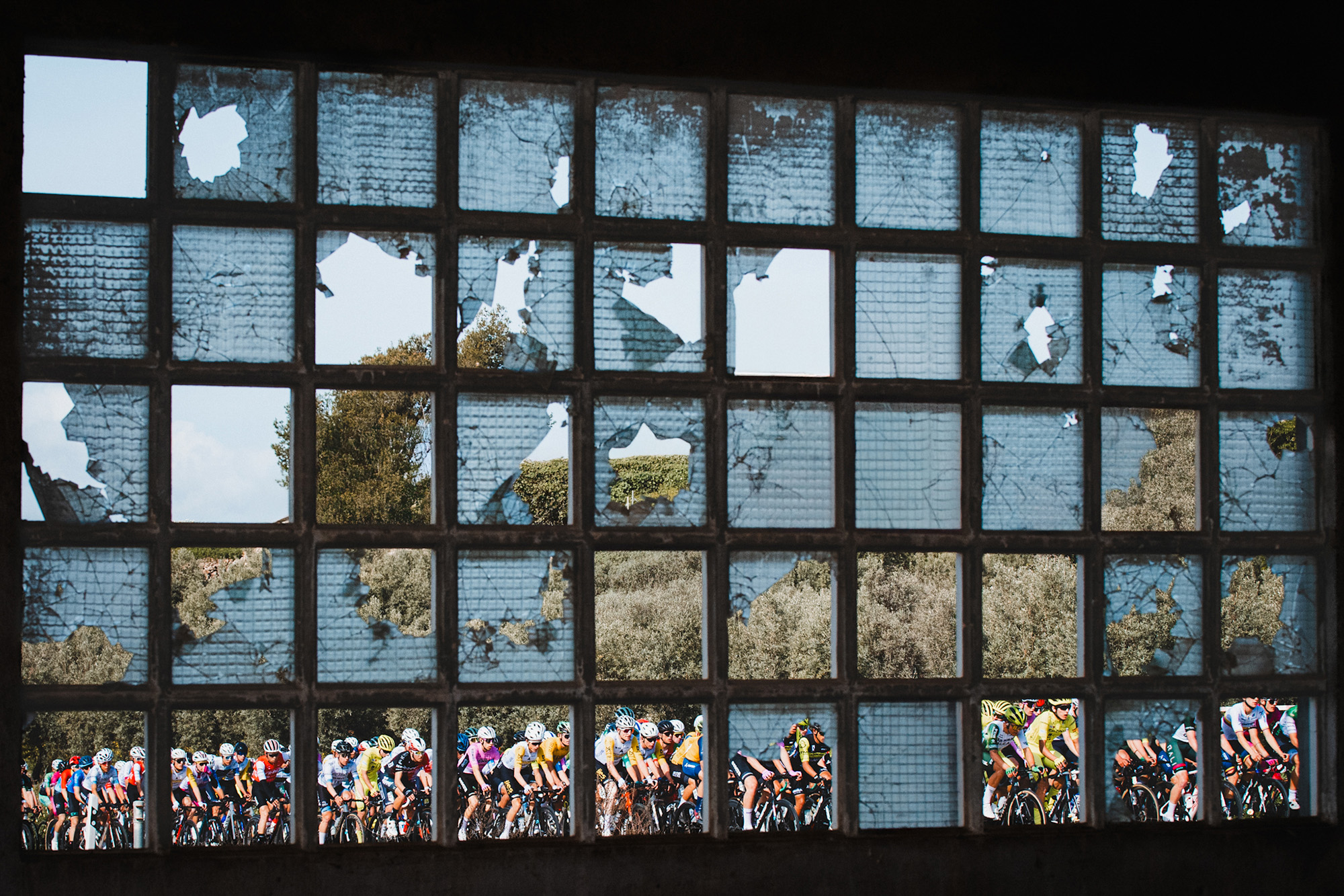 A peleton of cyclists through a derelict window