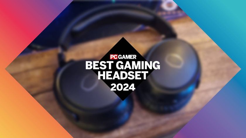 The PC Gamer best gaming headset 2024 logo, atop a blurred picture of a wireless gaming headset.