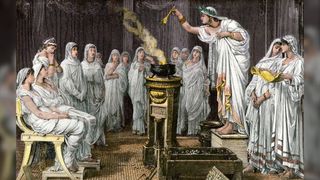 Hand-colored woodcut of the School of the Vestal Virgins in ancient Rome. Here we see a large group of women dressed in white robes and headscarves all standing around a cauldron on a pedestal. One woman is holding a spoon above the concoction.