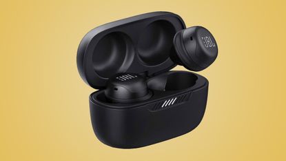 JBL Tune wireless earbuds on yellow background