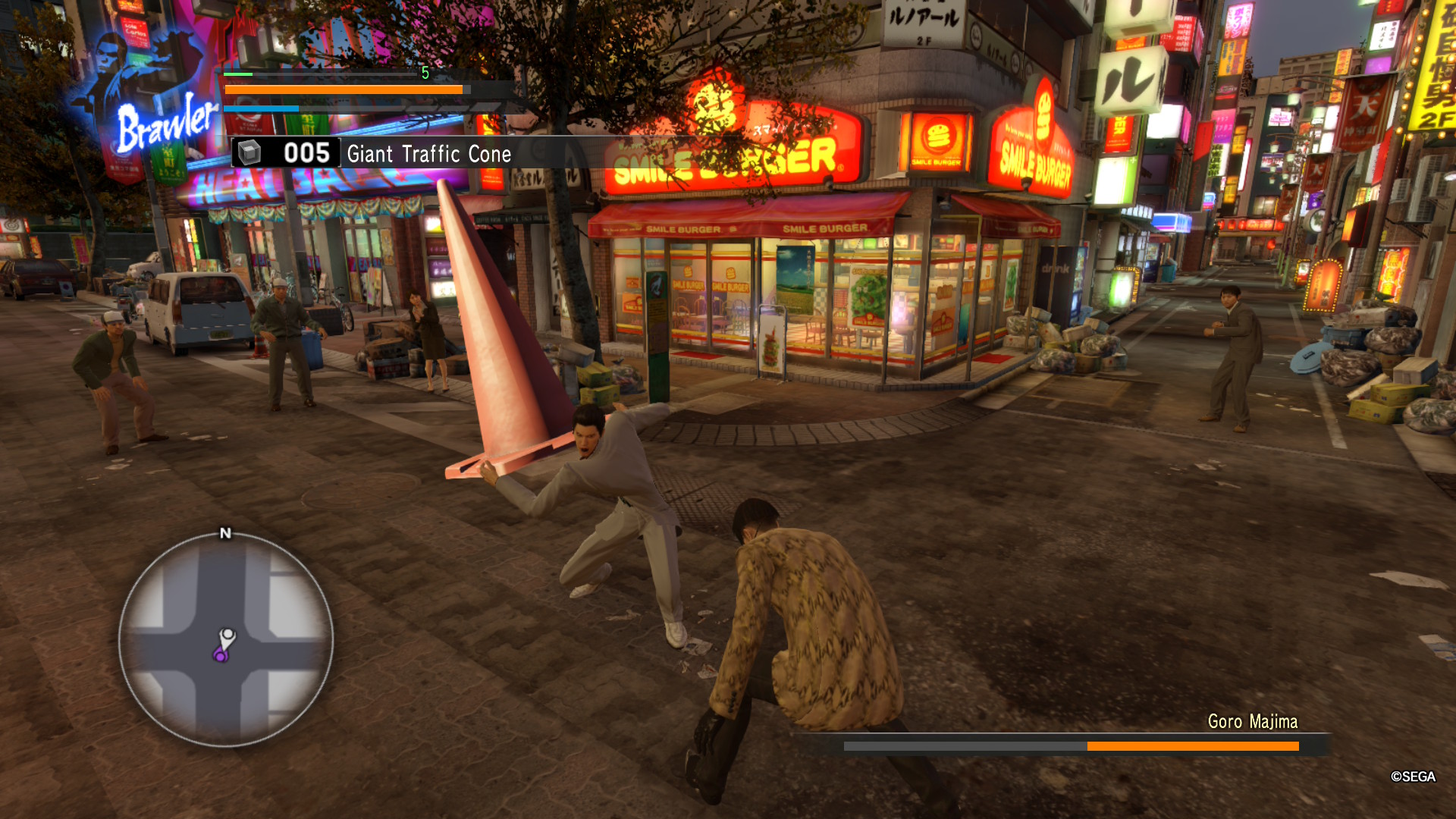 Kiryu attacks Majima with a human-sized cone in Yakuza Kiwami