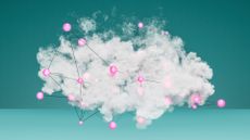 Cloud computing concept image showing a cloud with interconnected pink-colored data points.
